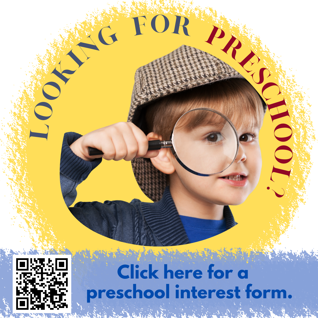 Little boy with magnifying glass. Text says Looking for Preschool?