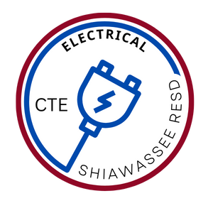 Blue maile electrical cord surrounded by the words Electrical, CTE, and Shiawassee RESD.
