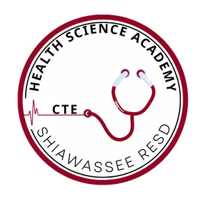 Red stethoscope surrounded by the words Health Science Academy, CTE, and Shiawassee RESD.